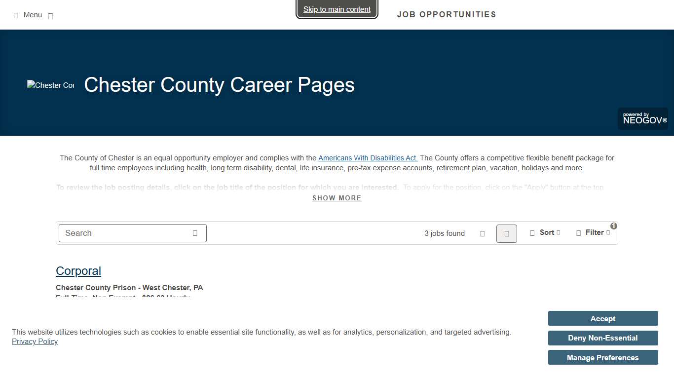 Job Opportunities | Departments: Prison | Sorted by Posting Date descending | Chester County Career Pages