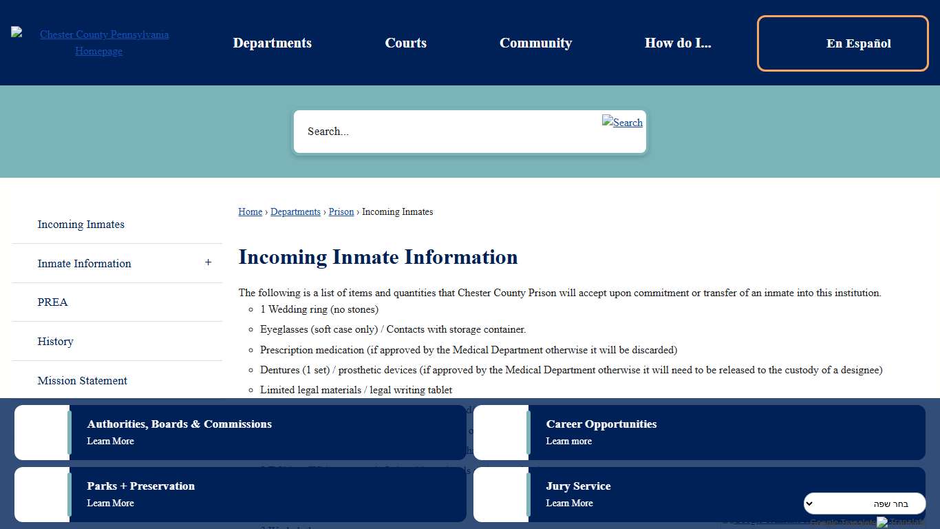 Incoming Inmate Information | Chester County, PA - Official Website